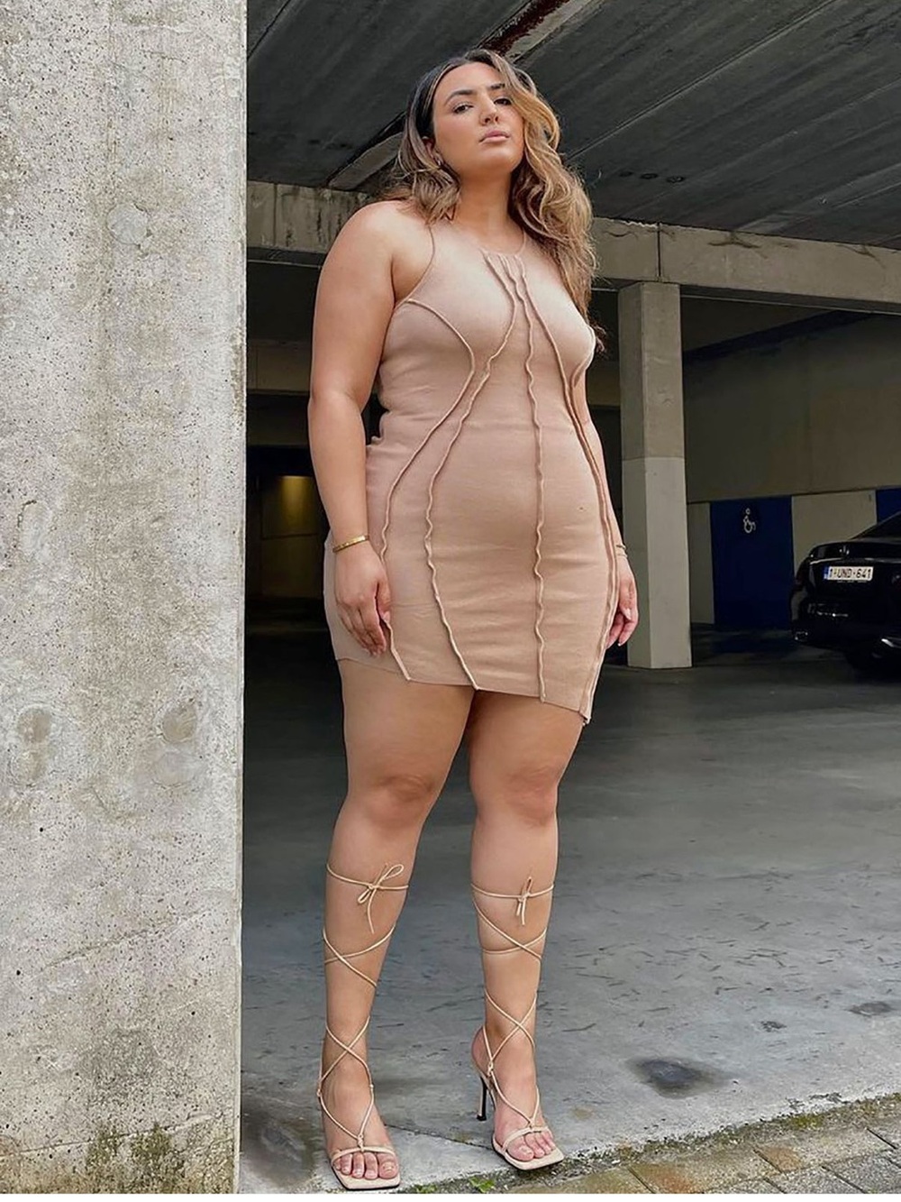 Fashion Nova Asymmetrical Nude Bodycon Mini Dress - Picture 6 of 8